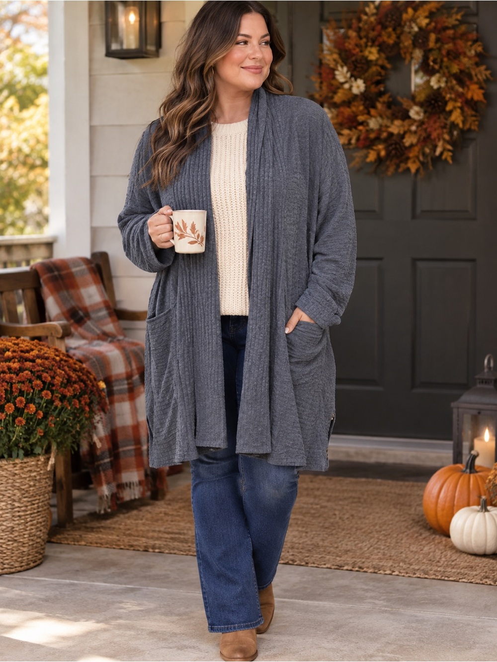 Secret Treasures Dark Gray Open Front Ribbed Cardigan Sweater L 12-14 Pockets
